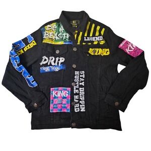 Men's Sacred Crown Black Denim Grafitti Paint Jacket Size Medium